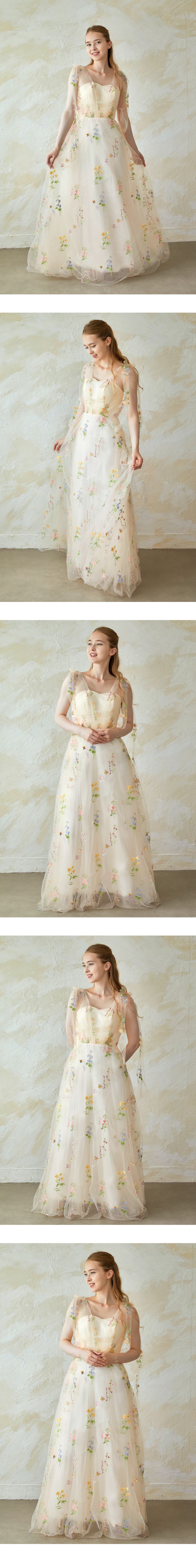 韓国 Dahlia Blanc限定 フラワー刺繍チュールロングドレス Dahlia